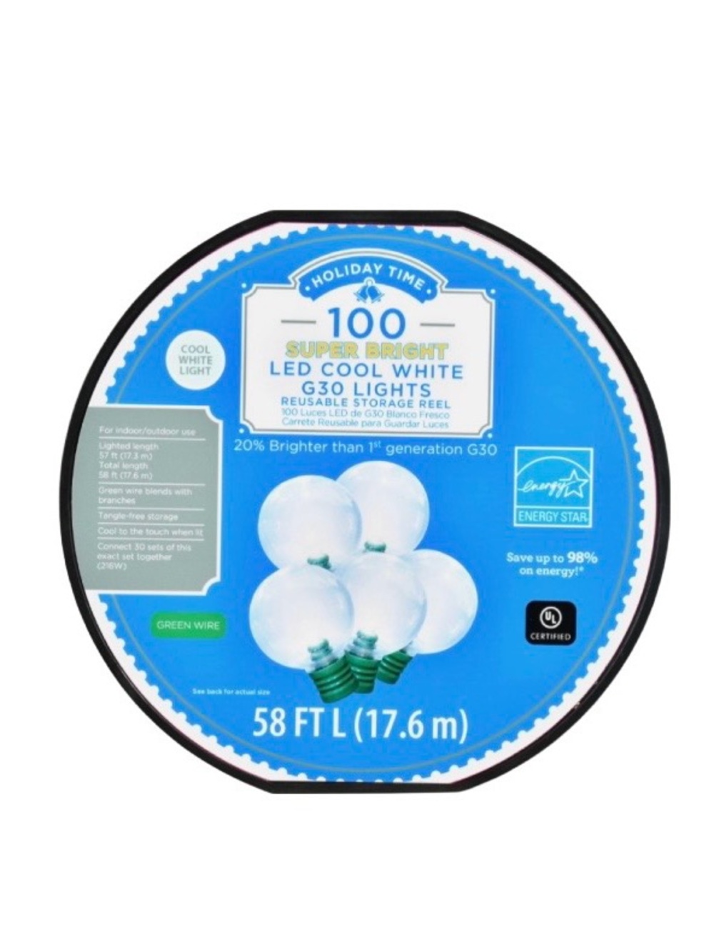 Holiday Time 100-count Super Bright LED Cool White G30 Lights